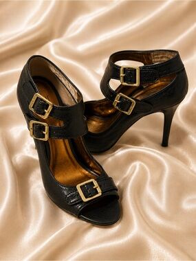 Pelle Moda Black Leather Peep Toe Stiletto Heels | Double Buckle | Size 8M | Ver